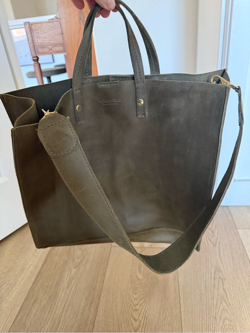Parker Clay Merkato Shopper Leather Tote Bag With Shoulder Strap Olive Green